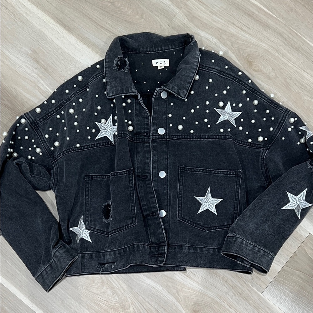POL Black Jean Jacket with Star and Pearl Accents